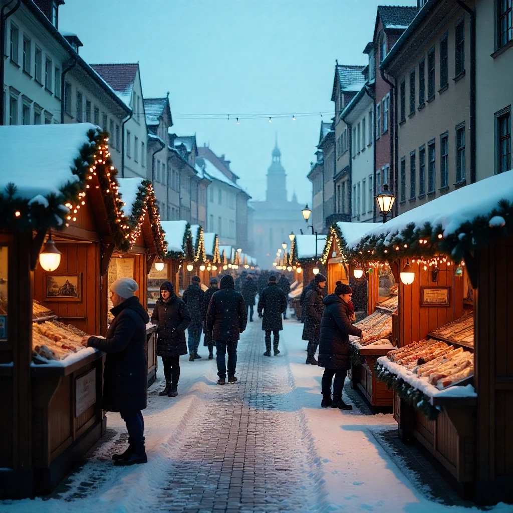 Weihnachtsmarkt in einer verschneiten historischen Altstadtstraße mit beleuchteten Holzbuden, warmen Laternen und schemenhaften Besuchern, die zwischen den Ständen flanieren, während im Hintergrund ein Kirchturm in der Abenddämmerung zu sehen ist.