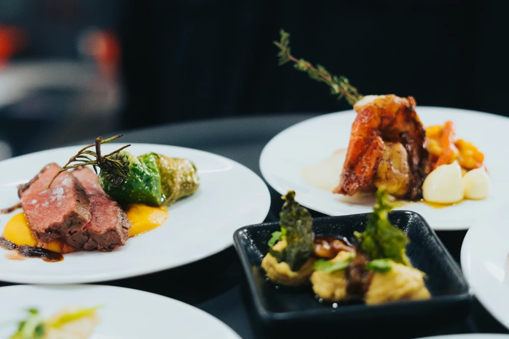 Drei elegante Teller mit gourmet-artigen Fleischgerichten, kunstvoll angerichtet mit Soßen und Beilagen in verschiedenen Formen und Farben, serviert auf weißen und schwarzen Tellern mit dekorativen Kräutern.