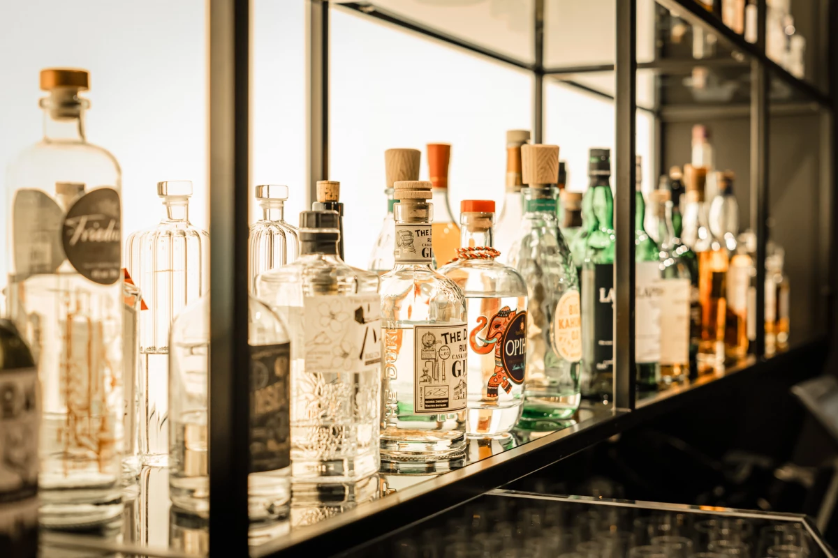 Verschiedene Gin- und Spirituosenflaschen stehen auf einem Regal hinter Glasscheiben. Die Flaschen sind unterschiedlich geformt und beleuchtet, was eine elegante Bar-Atmosphäre vermittelt.