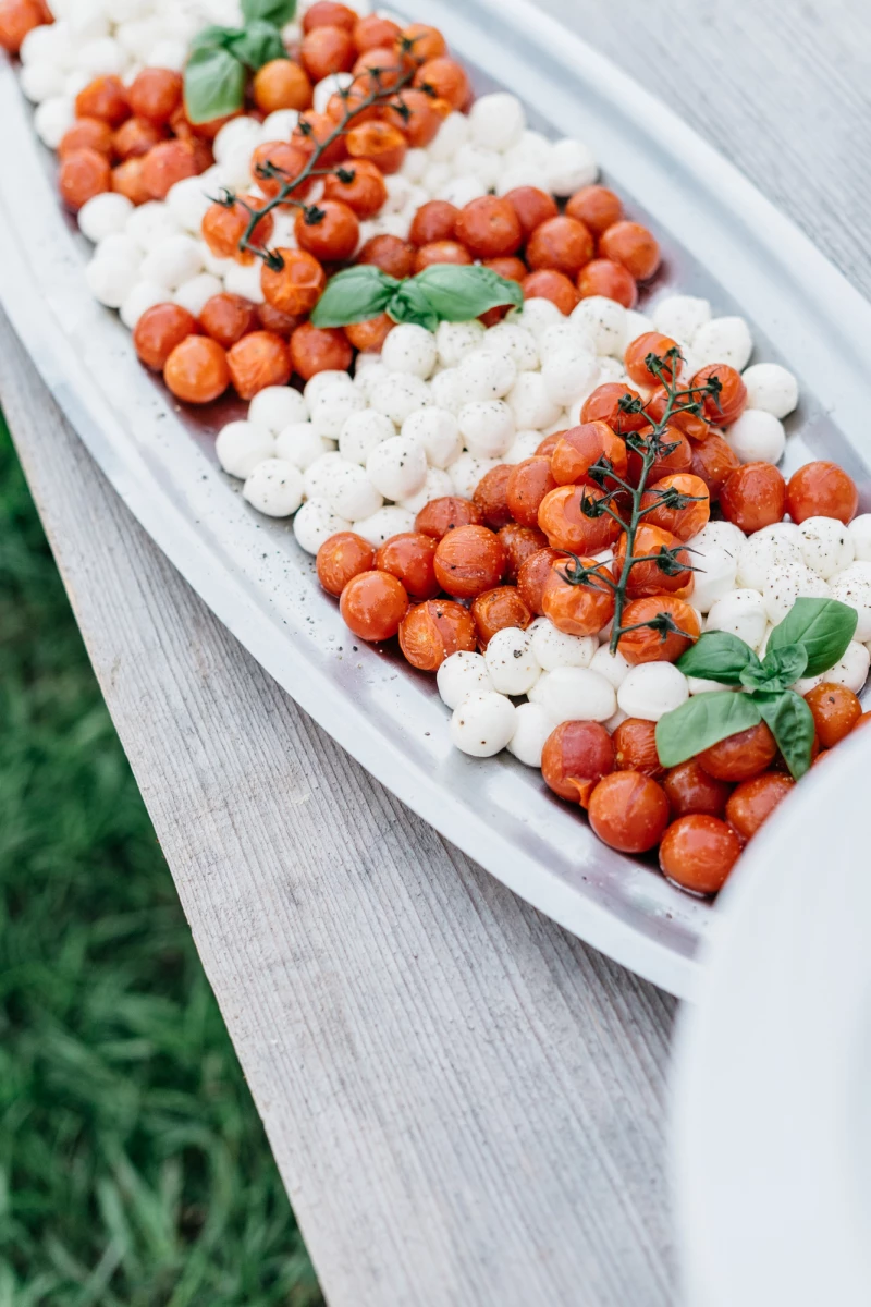 Weiße Platte mit frischen Tomaten und Mozzarella, angeordnet in einer Reihe mit grünem Basilikum und Tomatenranken auf einem Holzbrett mit Gras im Hintergrund.