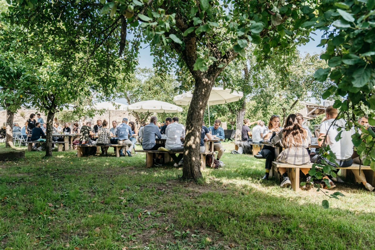 Gäste genießen Essen im Freien auf der Obstwiese am Gutshof Neun.