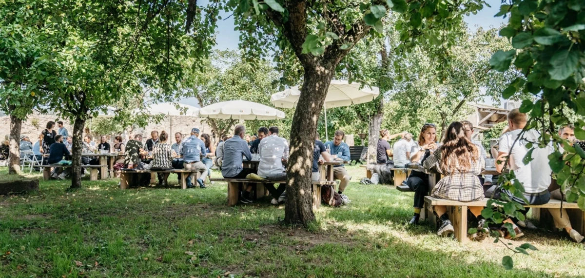 Sommerliche Außenszene mit mehreren Personen, die an Holztischen unter Bäumen sitzen. Entspannte Atmosphäre in einem grünen Garten mit weißen Sonnenschirmen und Bäumen, die Schatten spenden.