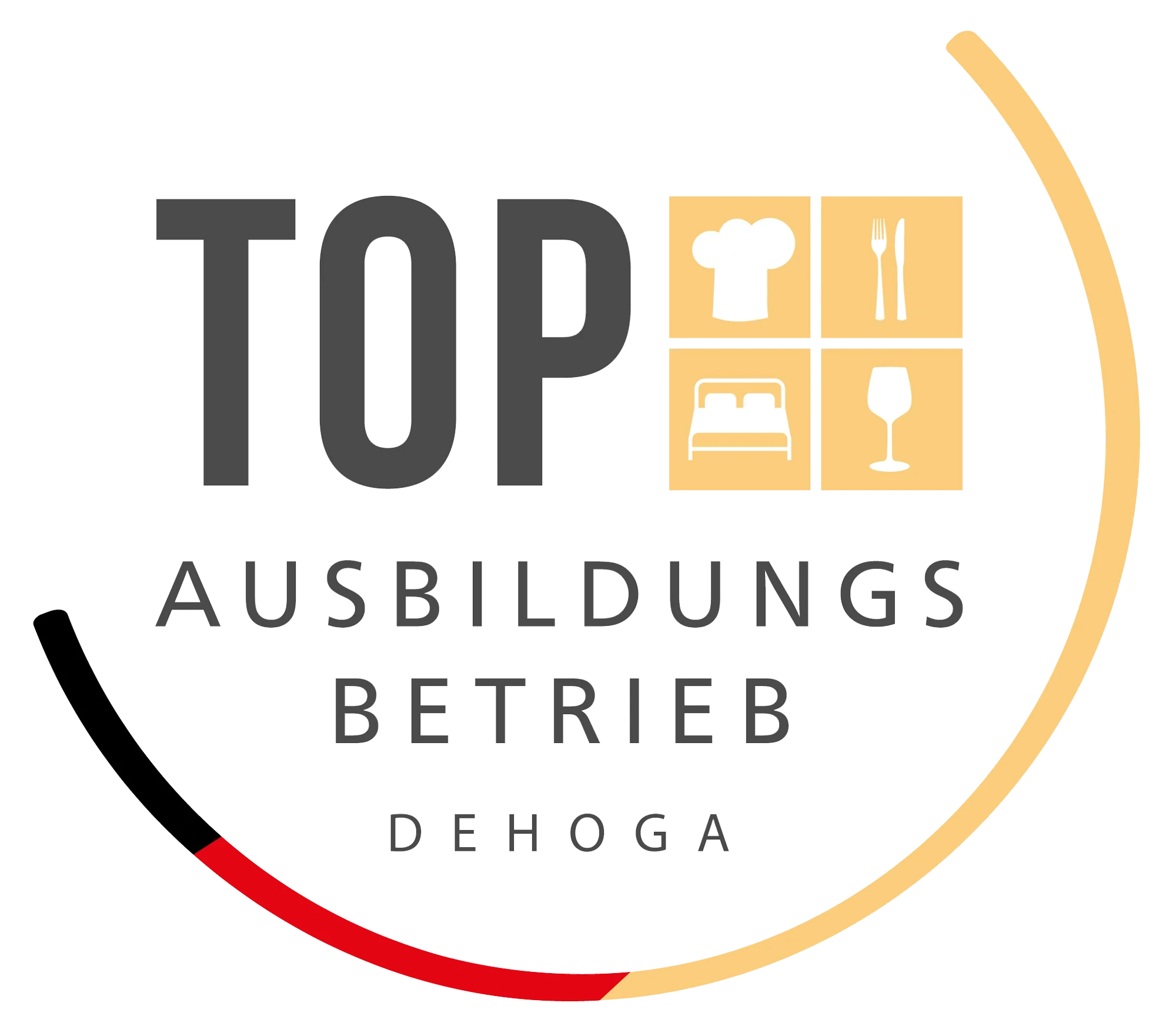Top Ausbildungsbetrieb DEHOGA-Logo mit grauen und gelbenIcons für Kochen, Bett und Glas, symbolisch für einen hervorragenden Ausbildungsbetrieb in der Hotel- und Gaststättenbranche.