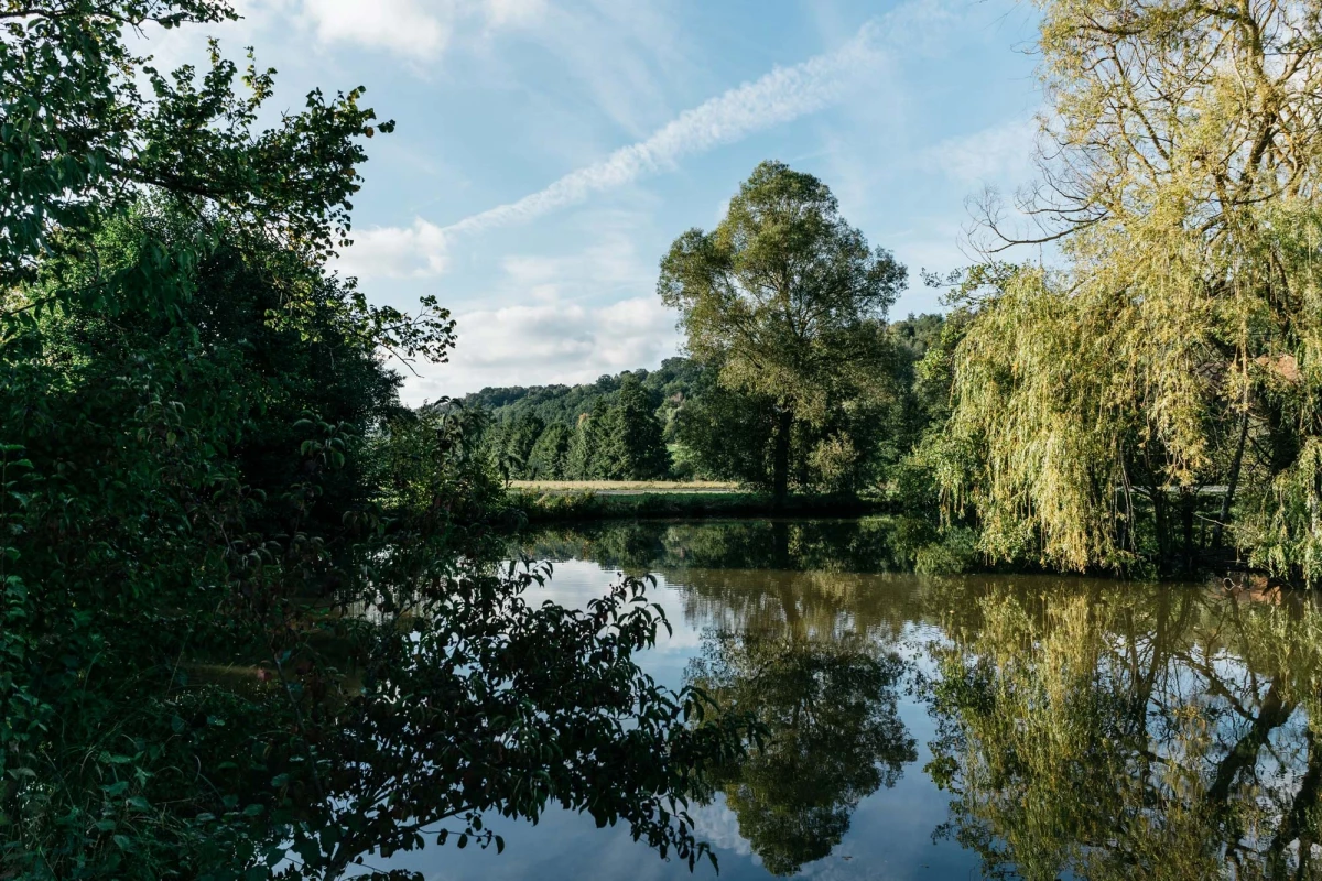 Ruhige Teichlandschaft mit spiegelblanker Wasseroberfläche, umgeben von dicht bewachsenen Ufern mit Laubbäumen in verschiedenen Grüntönen. Weißliche Schleierwolken am blauen Himmel rahmen die friedvolle Naturszene ein.