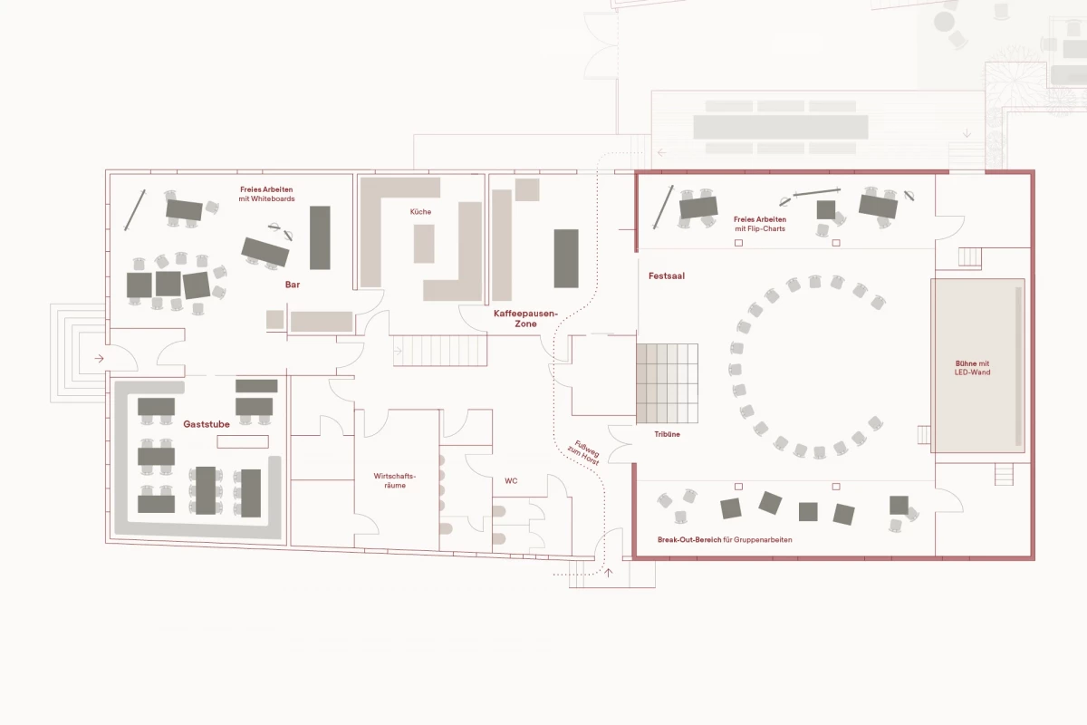 Grundriss eines Hotels mit verschiedenen Räumlichkeiten, Fluren und einem markanten, kreisförmigen Saalbereich im rechten Teil des Plans. Der Grundriss zeigt verschiedene Funktionsbereiche und Raumaufteilungen in einem klaren, grafischen Layout mit grauen und weißen Flächen.