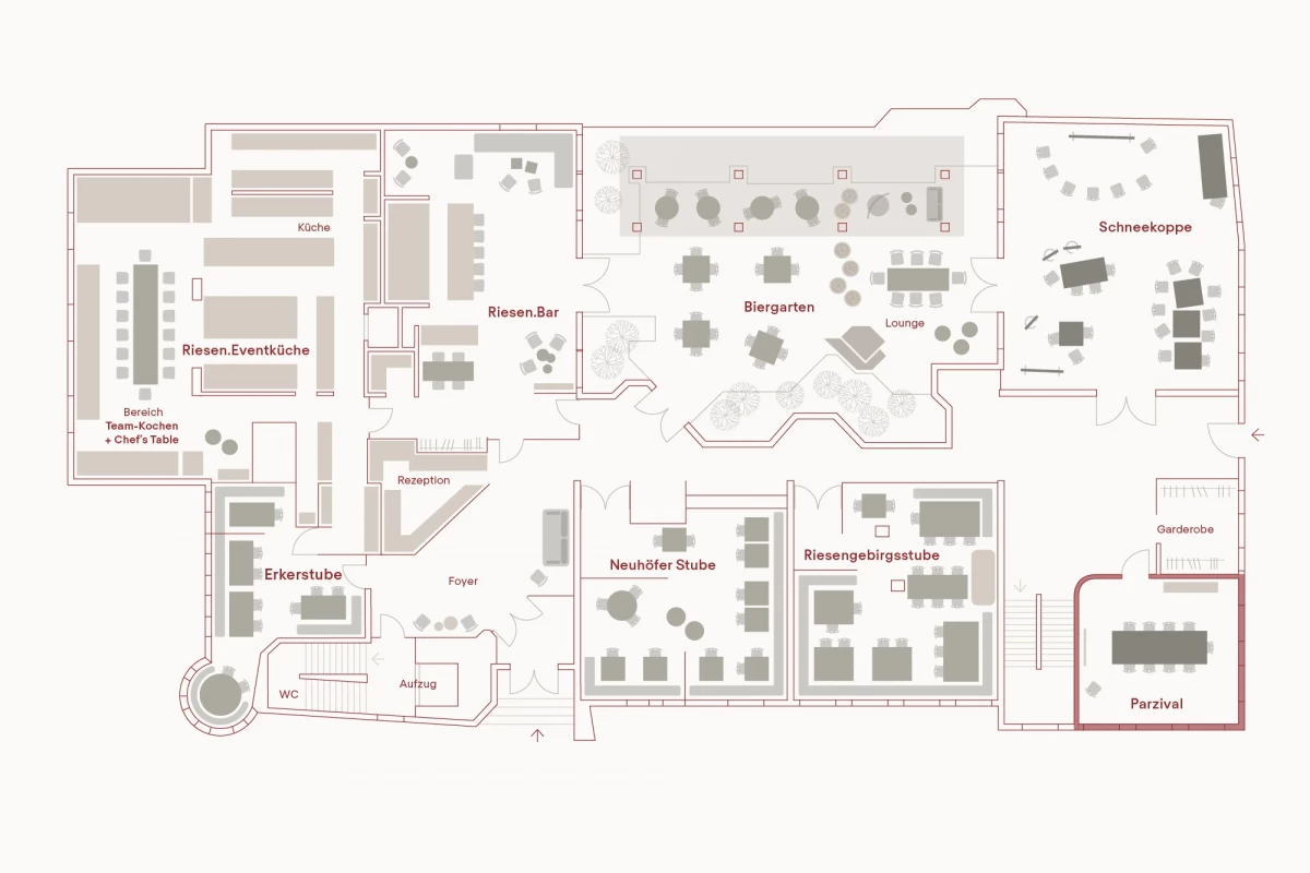 Grundrissplan eines Hotels mit verschiedenen Bereichen wie Rezeption, Bar, Restaurant, Biergarten und Hotelzimmern, übersichtlich und detailliert gezeichnet in einem minimalistischen Grafikstil.