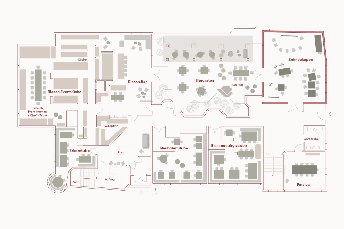 Grundriss eines Hotels mit verschiedenen Bereichen wie Rezeption, Büro, Räumen, Biergarten und Schankraum, gezeichnet in einem minimalistischen, zweifarbigen Grafikstil mit räumlicher Anordnung der Funktionsbereiche.