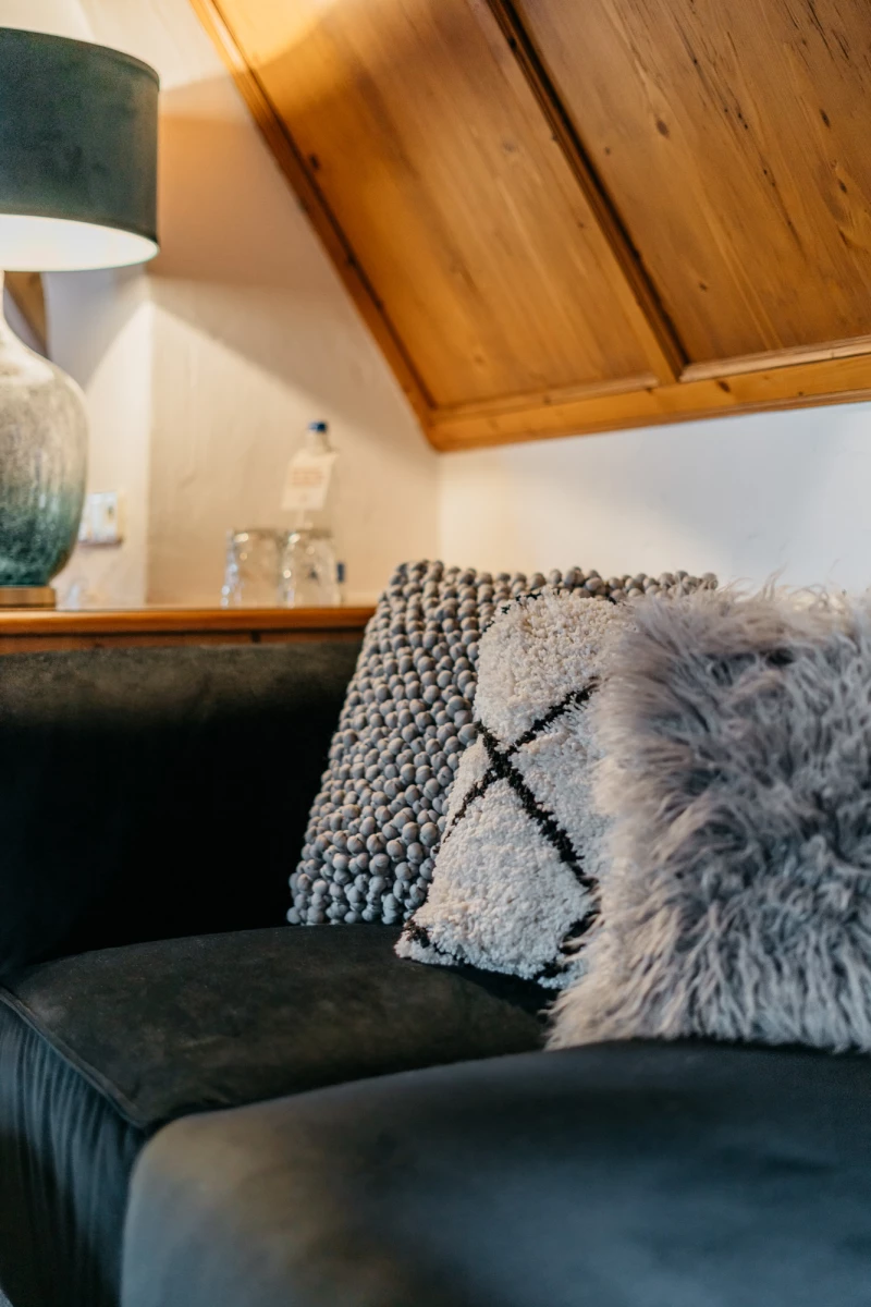 Gemütliche Ecke eines Hotelzimmers mit einem dunklen Sofa, auf dem verschiedene Kissen in Grau- und Strukturtönen liegen. Eine Deckenlampe und Holzvertäfelung sorgen für eine warme, einladende Atmosphäre.